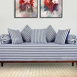 AIRWILL Opulent Diwan Set – Stylish & Comfortable Cotton Set with Coordinated Cushion & Bolster Covers - Pack of 8, Blue,White-picture-45