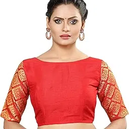madhu fashion Women's Raw Silk Elbow Length Sleeve Readymade Blouse-picture-18