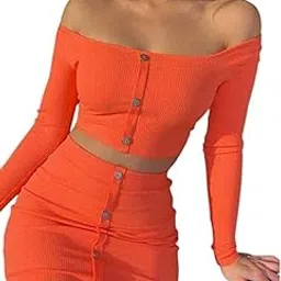 quecy Women's Polyester Slim Fit Casual Solid Off Shoulder Button Skirt Outfits Set of 2| Size-XL | Color-Orange-picture-10