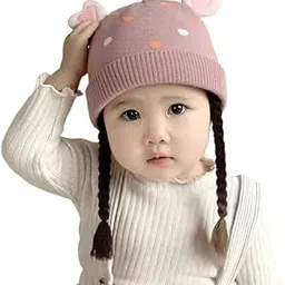 Winter Baby Boys & Girls Wig Braid Knitted Beanie Cap for Girls | Super Soft Woolen Cute Baby Princess Warm Head Cover Hat for Unisex Kids(3Month -4Yrs)-picture-29