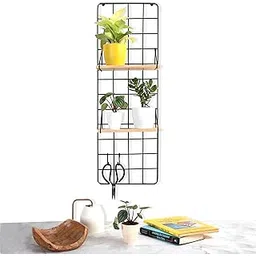 BLUE OAK Rectangular Wall Grid Mesh With 2 Wooden Shelves - Planter, Photo Collage Grid Diy Frame | Hanging Organizer Wall Storage Memo Board | Home, Office, Living Room Décor (Black - Set of 1)-picture-31
