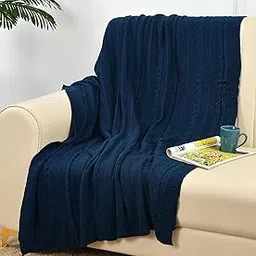 HomewayTex 100% Acrylic Blossom Knitted Throw, Sofa Throw,Bed Throw and Blanket Elc. Size:-130X180 CMS OR 52X70 INCH Color:- Navy Blue-picture-46