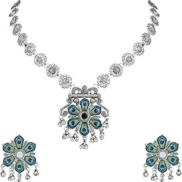 i jewels Navratri Ethnic Silver Oxidised Peacock Feather Ghungroo Long Necklace Jewellery Set For Women/Girls (MC163OX)-picture-42