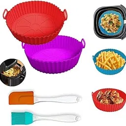 Air Fryer Liners Round Silicone Basket with Ear Handles | Multi-Color Nonstick, Reusable & Heat Resistant + Oil Brush & Spatula-image-39