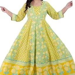 aramya Soft Cotton Lemon Yellow Flared Floral Print Office or Casual Wear Kurta for Women-picture-48