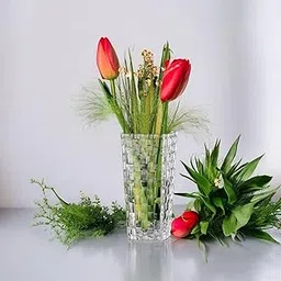 Saudeep India Glass Diamond Cut Flower Vase 8 Inch Transparent Decorative Vase | Elegant Centerpiece for Home Décor, Living Room, Bedroom, Dining Table, Office Desk, Wedding & Party Decoration-picture-26