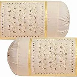 Dream Decor Bolster Cover Set of 2, Cotton Booster Cover for Diwan, Sofa, Couch, Embroidery Long Pillowcases for Home Decor - 16 x 32 Inches, Skin Zari-image-9