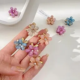 Flower Hair Clips Set, 10 Pieces, Crystal-Studded Metal Floral Design, Pink Blue White Colours, Mini Hair Claws for Women-picture-43