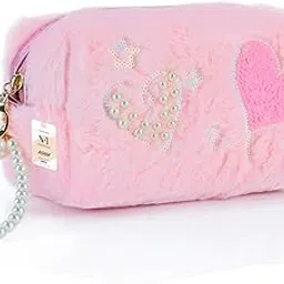 NFI essentials Fur Makeup Cosmetic Pouch Vanity Case Jewellery Pouch for Womens Stationery Pencil Case Travel Organiser Zipper Pouch Bag with Detachable Handle-picture-22