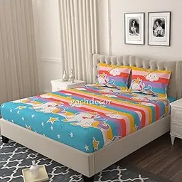 GACHDECOR Elastic Fitted Bedsheets Queen Size, Bedsheet for Queen Bed Elastic Fitted, 220 TC Cotton Feel Printed Fitted Bedsheet with 2 Pillow Covers- Queen 60"x78", Cartoon Unicorn-picture-22