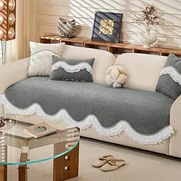 HOKIPO 'French Classic Frill' Elegant Wavy Sofa Cover Mat with Lace Frill | Anti-Slip Sofa Cover for 2 Seater Sofa Set | Slipcover, Moonstone Grey (AR-6140-GRY*1)-picture-23