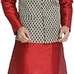 vastramay Men's Cotton Silk Blend Printed Cream Kurta, Ethnic Jacket and Pyjama Set-picture-33