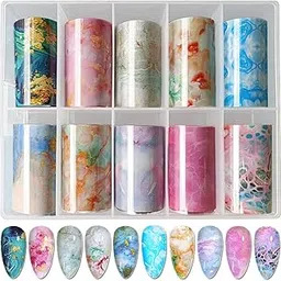 BEAUZY PROFESSIONAL Nail Foil Paper Set, 10 Sheets (4cm x 100cm) Marble & Floral Transfer Foils for Gel Polish & Acrylic, DIY Nail Art Decoration with Storage Box-picture-33