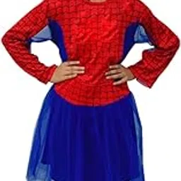 BookMyCostume Spidre Powers Girl Web Hero Girl Costume Set – Red & Blue Frock with Attached Net Sleeves | Eye Mask | Superhero kids Fancy Dress Outfit For Girls | 8-10 Years-picture-15