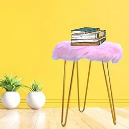 Pikify Modern Faux Fur Round Foot Rest Stool/Seat with Gold Metal Legs for Indoor Decoration-Pink (Pink)-picture-30