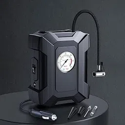 Bennort Heavy Duty Electric Car Air Compressor With Pressure Gauge, 12V DC Portable Tyre Inflator with Emergency Light and 3 Nozzle Adaptors For Car,Bike,Football - Air Compressor- up to 150 PSI Pump image 1