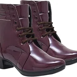Women's Patent Leather Ankle Boots – Stylish Block Heel Lace-up Closure Boots Detail for Casual & Party Footwear-image-1