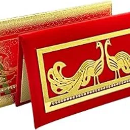 Vanya Creations Pack of 2, Rectangle Shape Cloth Fabric with Acrylic Cut Peacock Design Shagun Envelopes for Gifting Money Cover Designer Fancy Sagan Lifafa Cash Wedding, 19 X 10 cm, Red & Golden-image-13