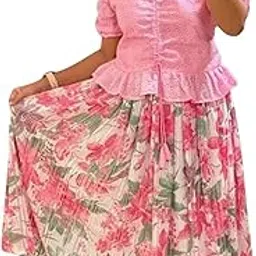 Women?s Two-Piece Floral Skirt and Peplum Top Outfit | Pink Hakoba Cotton Puff Sleeve Top with Embroidered Design & Printed Pleated Long Skirt-image-25