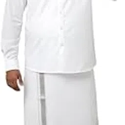 Men Cotton Blend White Shirt & Single Layer Dhoti Combo with 3/4-Inch Silver Jari Border-F36-image-34