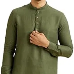 manyavar Men's Linen Solid Short Kurta (1pc)-picture-33