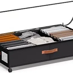 DCET Under Bed Storage with Wheels - Rolling Underbed Containers with PVC Clear Lid & Dividers, 600D Oxford Fabric, PU Leather Handles, Adjustable Magic Tape Partition, XXL 66L, 1P (Black)-image-5
