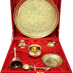 BENGALEN Brass Pooja Thali Set with Red Gift Box 8 Inch Pital Puja Thali Dhup Dan Kalash Palli Ghanti Kangura Plate Kuber Diya for Diwali Home Mandir Office Wedding Return Gifts Items-image-24