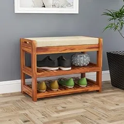 OGNIJA Wooden Shoe Rack for Home - Sheesham Wood Entryway Seating Bench with Cushion & Storage Shelf for Shoe Organiser (Teak Finish)-picture-44