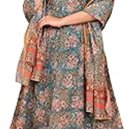 Women’s Botanical Printed Tape Embroidered Anarkali Polyester Blue Kurta, Trouser and Dupatta Set-image-90