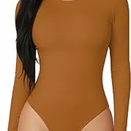 mangopop Women's Round Neck Long Sleeve Tops T Shirt Bodysuit (Long Sleeve (Camel), X-Large)-picture-13