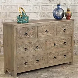 FURNWEAVE Inigo Solid Wooden Carved Chest of 7 Drawer Cabinet | Solid Wood Storage Furniture for Home | Chest of Drawers for Living Room | Antique Stylish Organization & Home Decor Grey Brown Distress-image-55