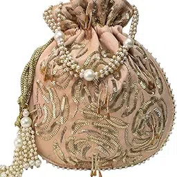 milan's creation Zardosi-Sequin Potli Bag Tassels Hand Embroidery Drawstring Potli Women's Handbag Purse With Pearl Handle & Tassel Purse-picture-34