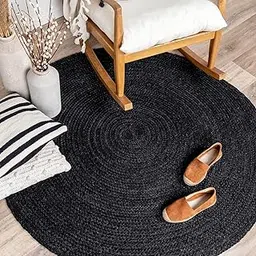AROMICK Home Decor Jute Handloom Rug Floor Mat, Farmhouse Area Rugs, Vintage Boho Floor Decor for Living/Dining Room for Kitchen Entryway Pets Playing Rugs - Natural (Black Jute, 60CM Round)-image-2
