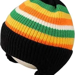 Unisex Baby Winter Cap 1-5 Years Wool Multi-Stripe Warm Knitted Hat With Ear Protection Rainbow Hat [Black]-image-2