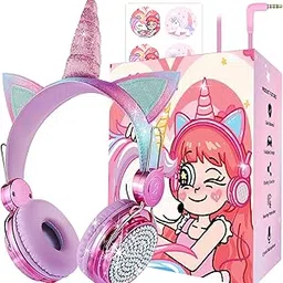 charlxee Kids Headphones, Unicorns Wired Headsets with Gifts, Includes Sticker and Wristband for Girls, Built-in Microphone and On/Over Ear HD Stereo for Online Study/School-picture-10