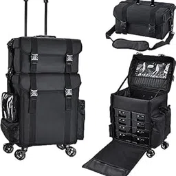 Qtavia Leather Professional Vanity For Multi Function Artist Rolling Trolley Makeup Beauty Train Case Cosmetic Organizer(Black)-image-45