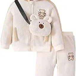 Boys Full Sleeves Beige 2-Pc Bear Embroidered Jogger Set-image-4