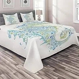 Ambesonne Seahorse Coverlet, Sea Animal Creature in a Creative Design Illustration Print, 3 Piece Decorative Quilted Bedspread Set with 2 Pillow Shams, Queen Size, Pale Blue Green-picture-26