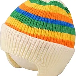 syga Unisex Baby Winter Cap 1-5 Years Wool Multi-Stripe Warm Knitted Hat With Ear Protection Rainbow Hat [Beige]-picture-19