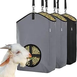 3 Packs Goat Hay Feeder,Hay Bags for Goats,Horses,Sheep,Premium 600D Oxford Cloth,with Metal Fastener and Adjustable Open Feed Hole for Slow Feeding. (1 Black+2Grey)-picture-16