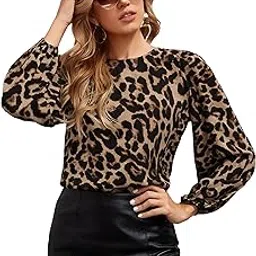 dream beauty fashion Women's Long Puff Sleeve Round High Neck Top Balloon Bishop Sleeve Elegant Casual Tee Top, 23" inches (Indigo-01-P)-picture-34