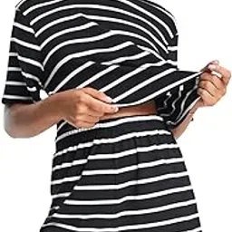 Women's Summer Striped Night Suit | Short Sleeve Top & Shorts Set | Unique Design Loungewear Set | Round Neck Sleepwear for Women & Girls-image-9