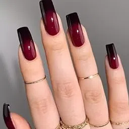Artificial Nails: Glossy Maroon,Black With Ombre/Shape Long Square (Set of 12 with nail glue, nail file, cuticle pusher, cleaning wipe)-image-44