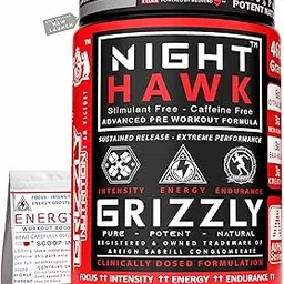 Grizzly Nutrition, NIGHT HAWK, CaffZero, No Caffeine Pre Workout 460Gm, 30Gr Energy Caffeine Pack, Citrulline 6000mg +20 Sport boosters, StimFree for evening/night workout, Pure & Potent, Watermelon image 1
