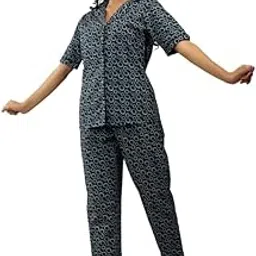 RAAKA Women Printed Shirt Collared Short Sleeve Nightsuit Set | Pajama Set | Casual Night Dress for Women Grey-picture-53