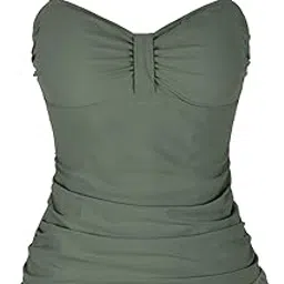 hilor Women's 50's Retro Ruched Tankini Swimsuit Top with Ruffle Hem, Army Green, 6-picture-10