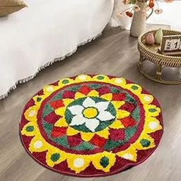 GAVI Home Decor Colourful Rangoli Round Rug Microfibre Anti Skid Rugs Carpet for Living Room Bedroom Bathroom Rug Non Slip Door mat Anti Slip Mat for Kitchen (Colourful Rangoli Round Rug)-image-53