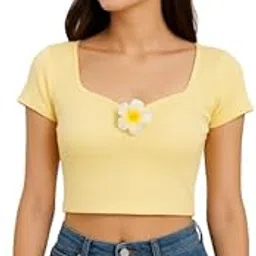 TIVANTE Solid Sweetheart Neck Tops for Women with A Flower Detail || Crop Tops for Women-image-2