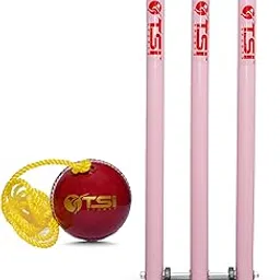 TSI Sports Cricket Stumps Set, Pink Spring Back Wooden Stumps with Stand, Practice Cricket Ball with String-image-17