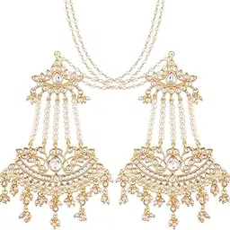 peora White Baby Pearls & Kundan Studded Drop Earrings with Chains Gift for Women-picture-59